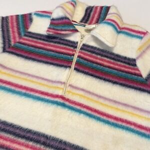 Vtg 70-80s Women's Small Fuzzy Striped 1/4 Zip Pullover Fleece ILGWU Union Made